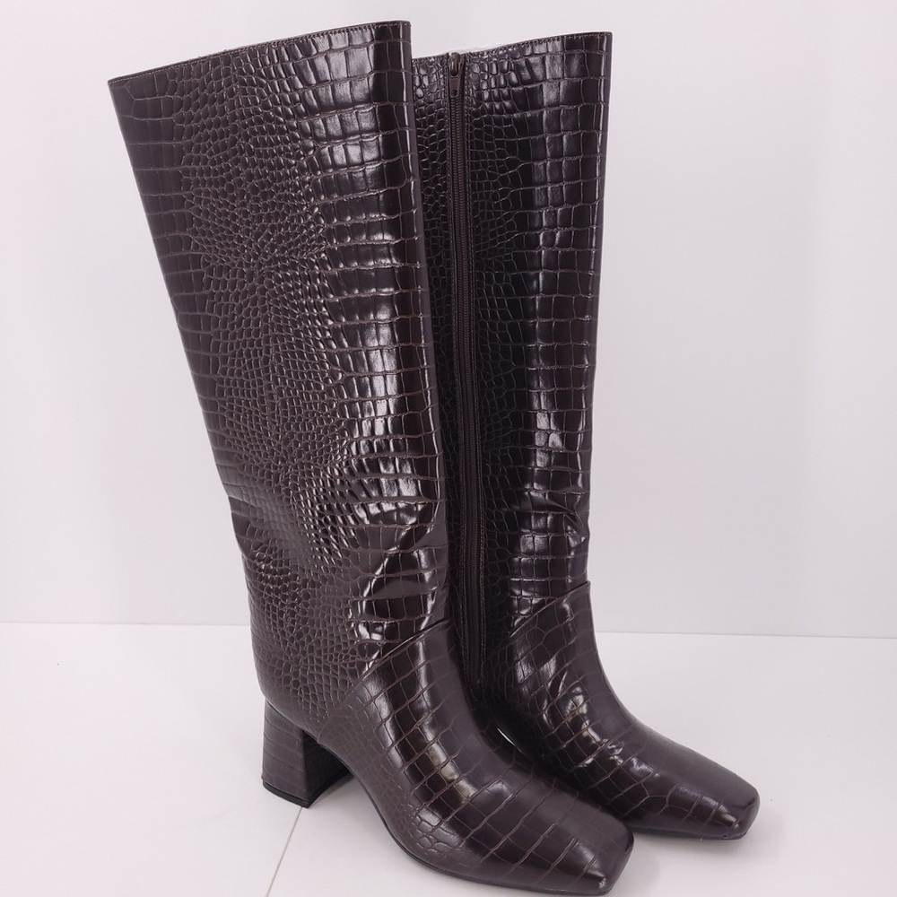 ON 34TH Millerr Mahogany Croc Knee High Boot Square Toe Chunky Block